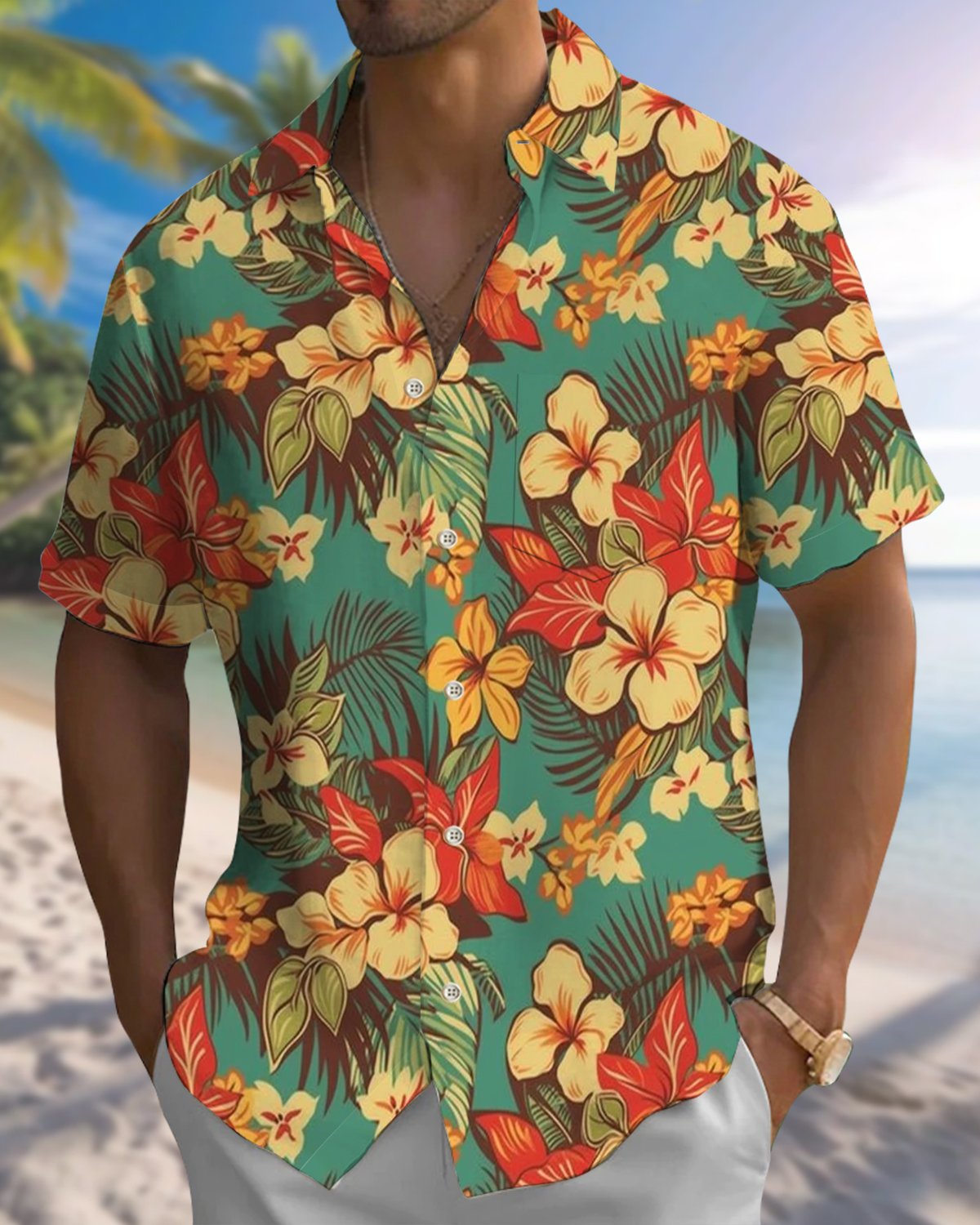 Alohadaddy® Vintage Floral Print Pocket Elastic Button Men's Long Sleeve Shirt Big & Tall