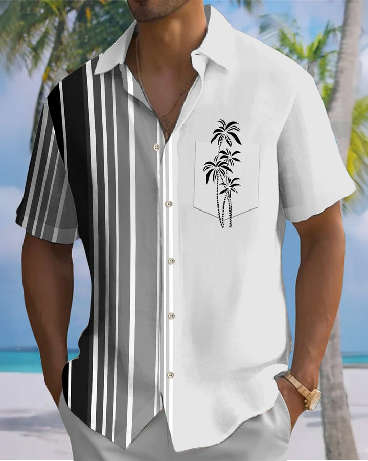 Alohadaddy® Casual Striped Palm Tree Print Art Pockets with Elastic Buttons Men&