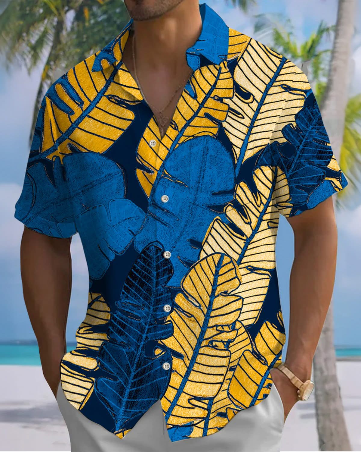 Alohadaddy® Vintage Palm Leaf Print Art Pocket Button Stretch Men's Short Sleeve Shirt Big & Tall