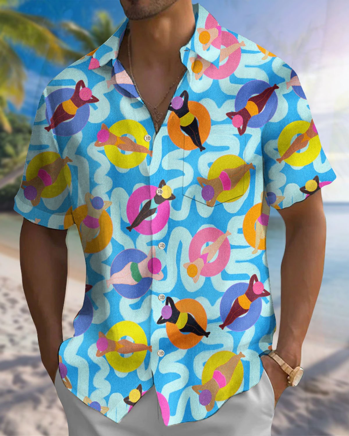 Alohadaddy® Hawaiian Cartoon Swimming Print Art Pocket Button Cardigan Men's Short Sleeve Shirt Big & Tall