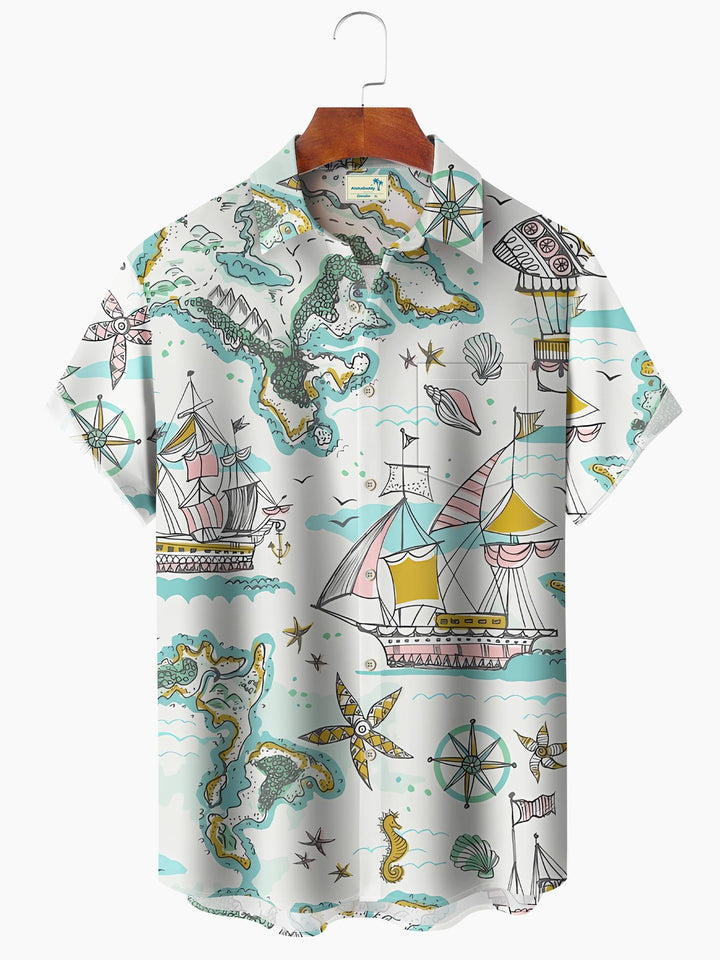 Alohadaddy Vintage Nautical Ship Travel Map Hawaiian Shirt