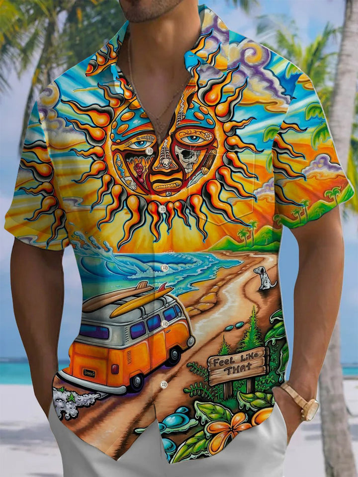 Alohadaddy® Casual Graffiti Sun Vacation Print Art Chest Pocket Men&