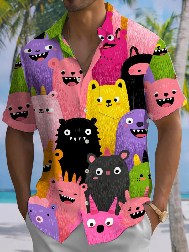 Alohadaddy® Casual Cartoon Cat Print Art Chest Pocket Men Short Sleeve Shirt Big &amp; Tall