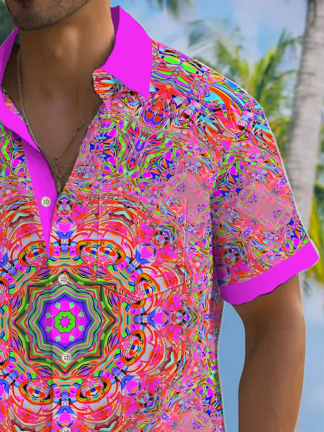 Alohadaddy® Hawaiian Contrast Abstract Art Print Chest Pocket Men&