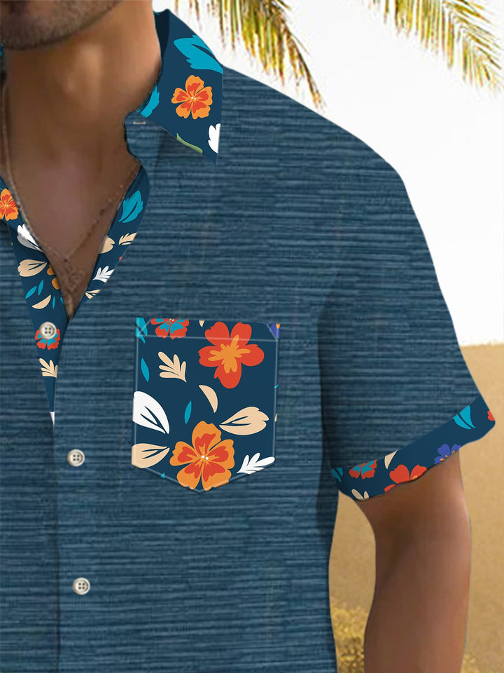 Alohadaddy® Casual Textured Floral Contrast Print Art Chest Pocket Men&