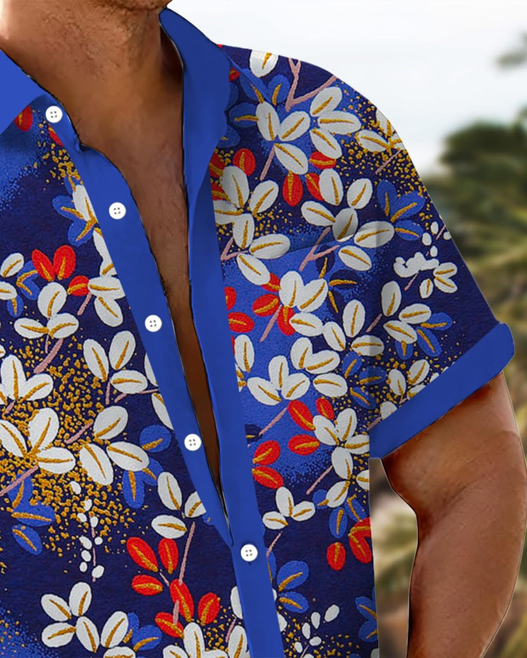 Alohadaddy® Hawaiian Contrast Color Leaf Art Pocket Elastic Button Men&