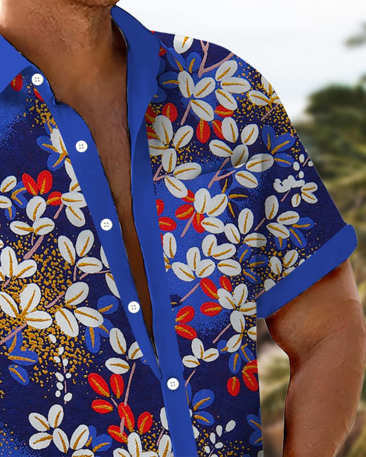 Alohadaddy® Hawaiian Contrast Color Leaf Art Pocket Elastic Button Men&