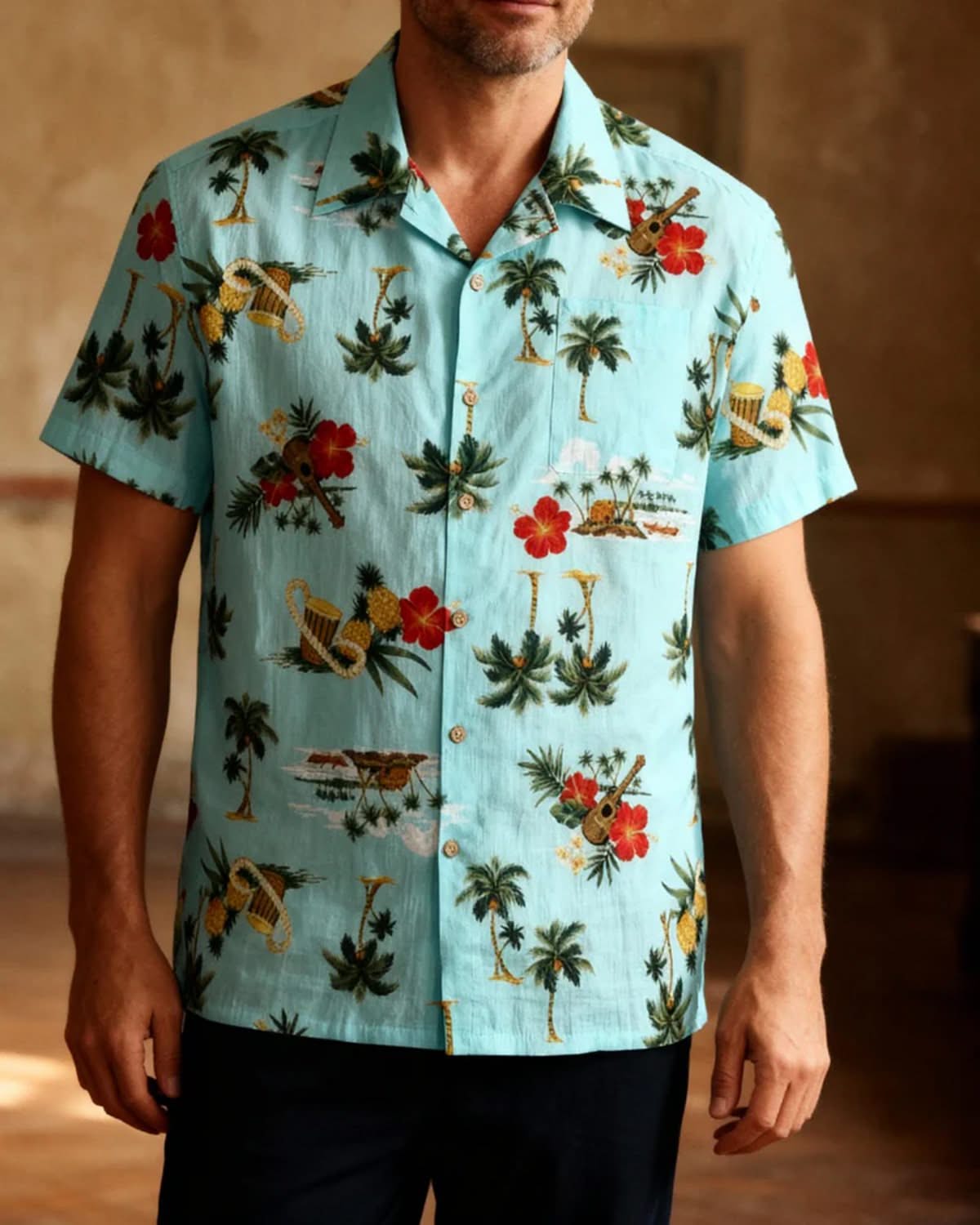 Alohadaddy® Hawaiian Palm Tree Print Art Pocket Button Men's Short Sleeve Shirt Big & Tall