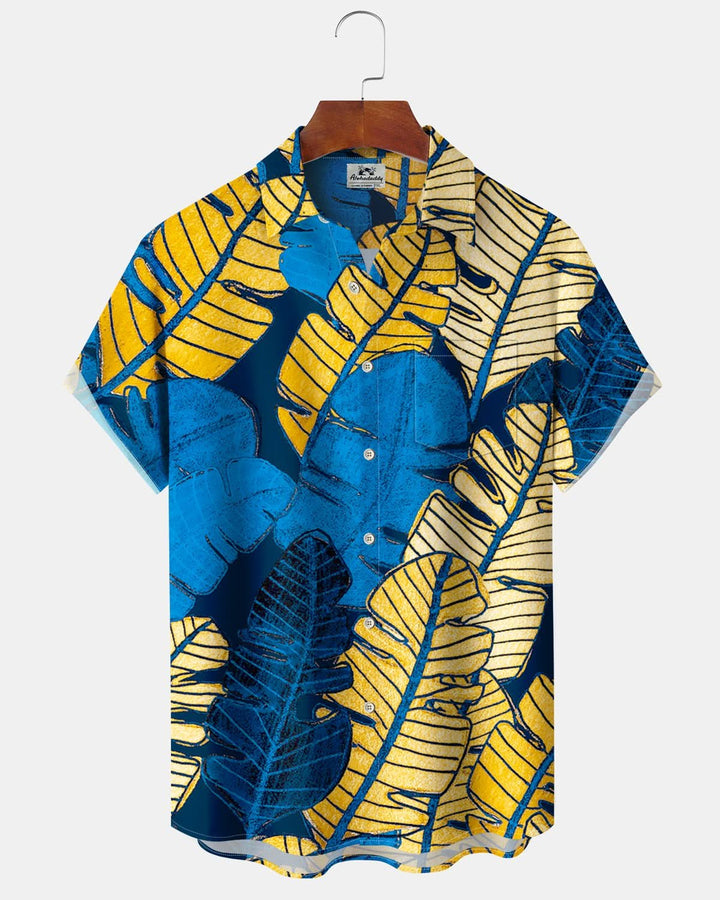Alohadaddy® Vintage Palm Leaf Print Art Pocket Button Stretch Men&