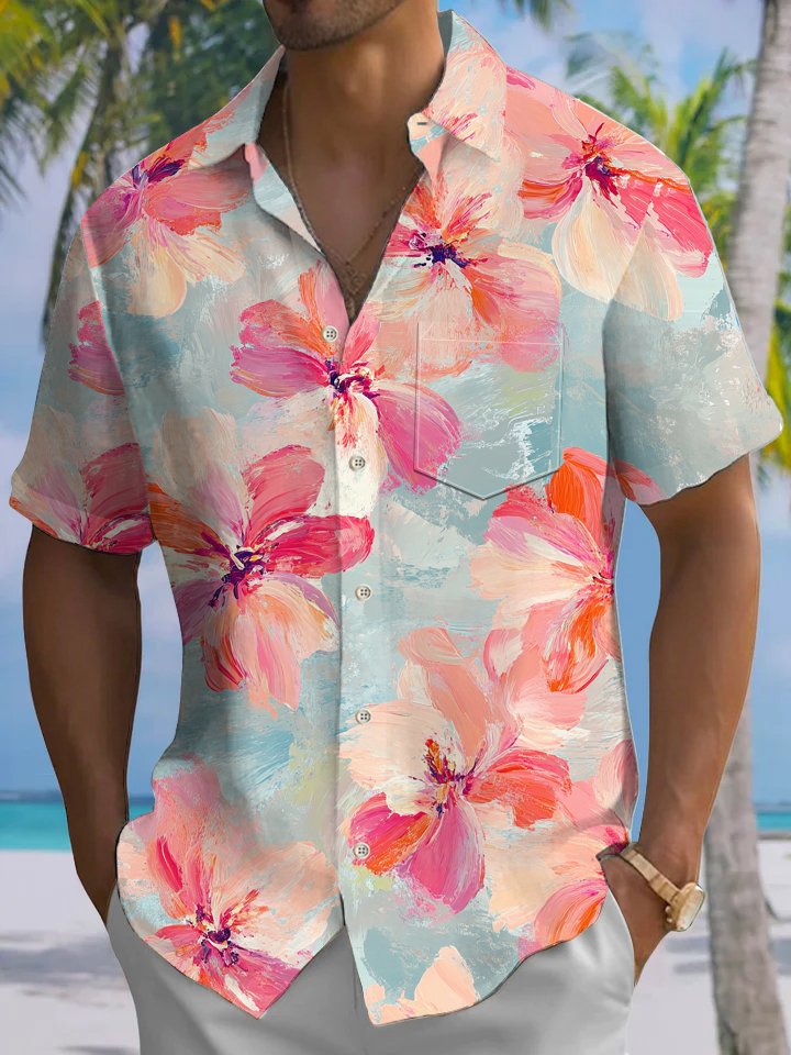 Alohadaddy® Casual Flowers Painting Print Art Pockets Wicking Hawaiian Shirts Big &amp; Tall