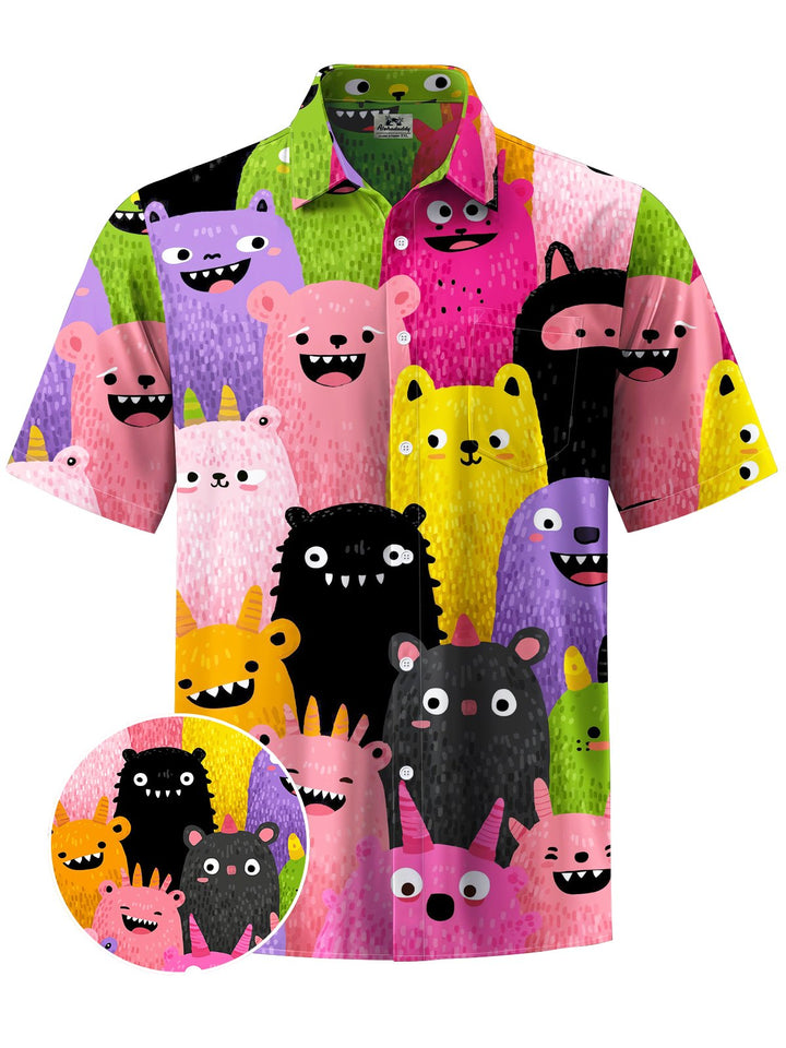 Alohadaddy® Casual Cartoon Cat Print Art Chest Pocket Men Short Sleeve Shirt Big &amp; Tall