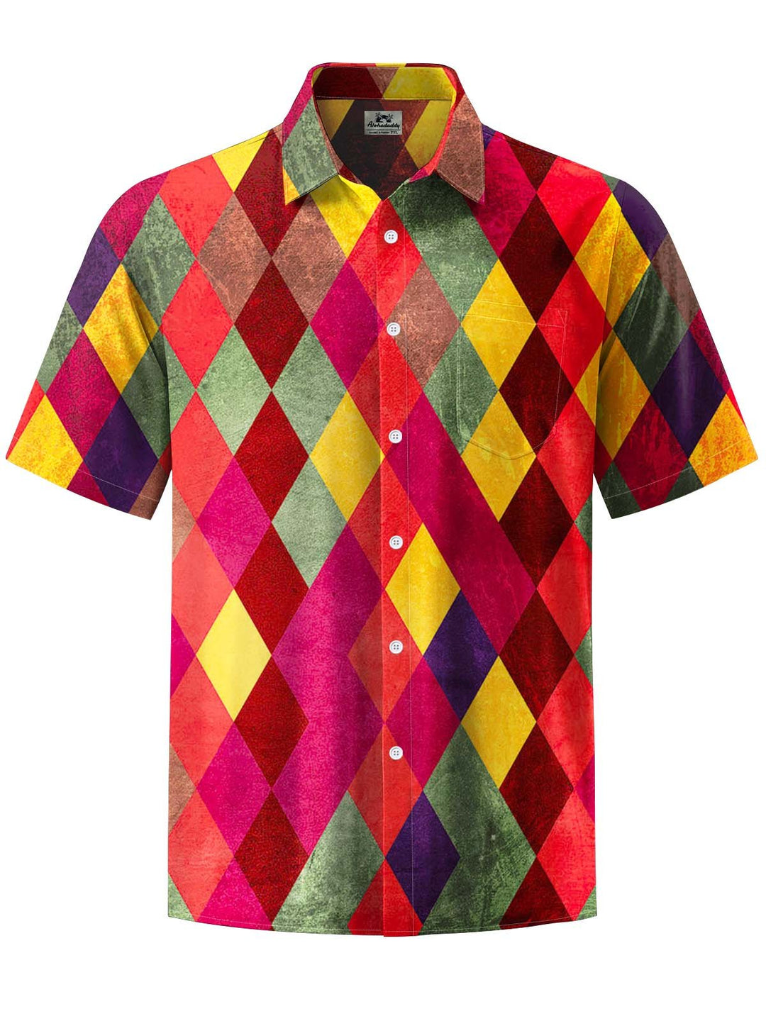 Alohadaddy® Vintage Geometric Diamond Art Print Chest Pocket Stretch Men&