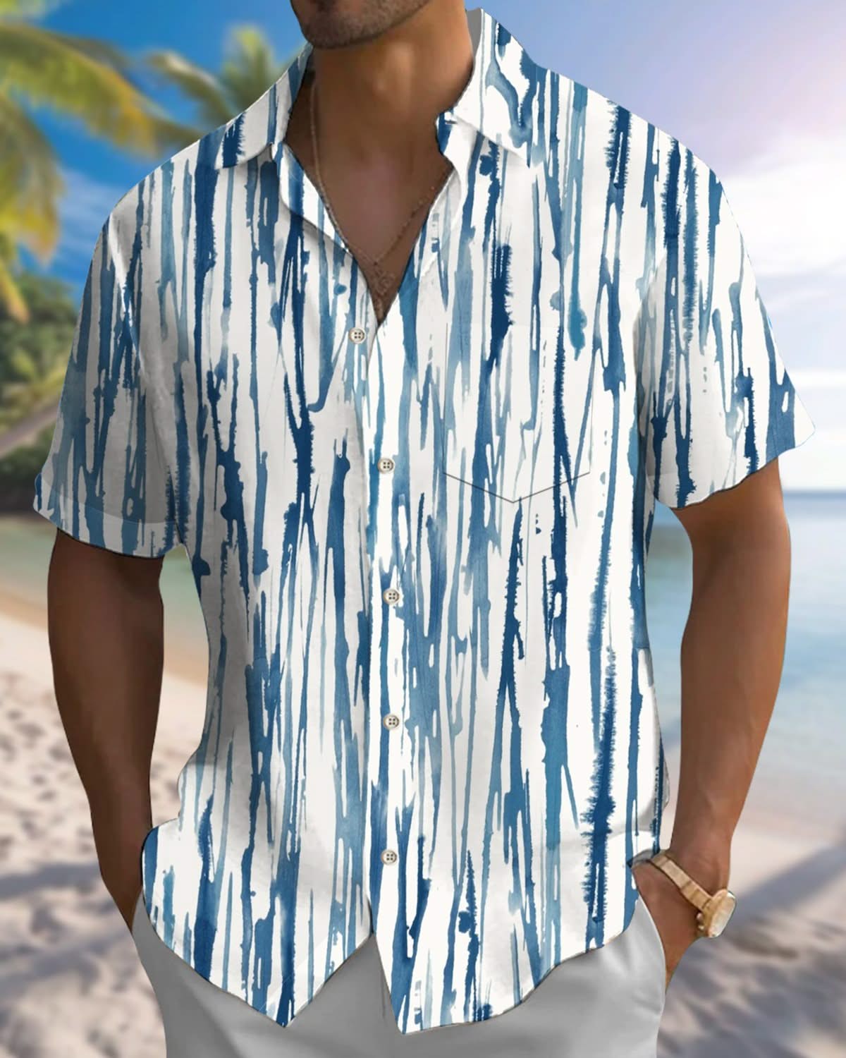 Alohadaddy® Casual Stripe Print Button Pocket Stretch Men's Short Sleeve Shirt Big & Tall
