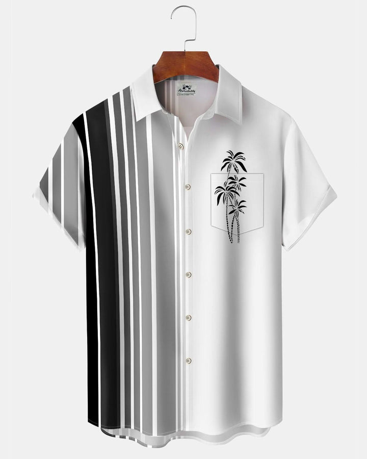 Alohadaddy® Casual Striped Palm Tree Print Art Pockets with Elastic Buttons Men&