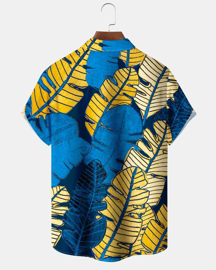 Alohadaddy® Vintage Palm Leaf Print Art Pocket Button Stretch Men&
