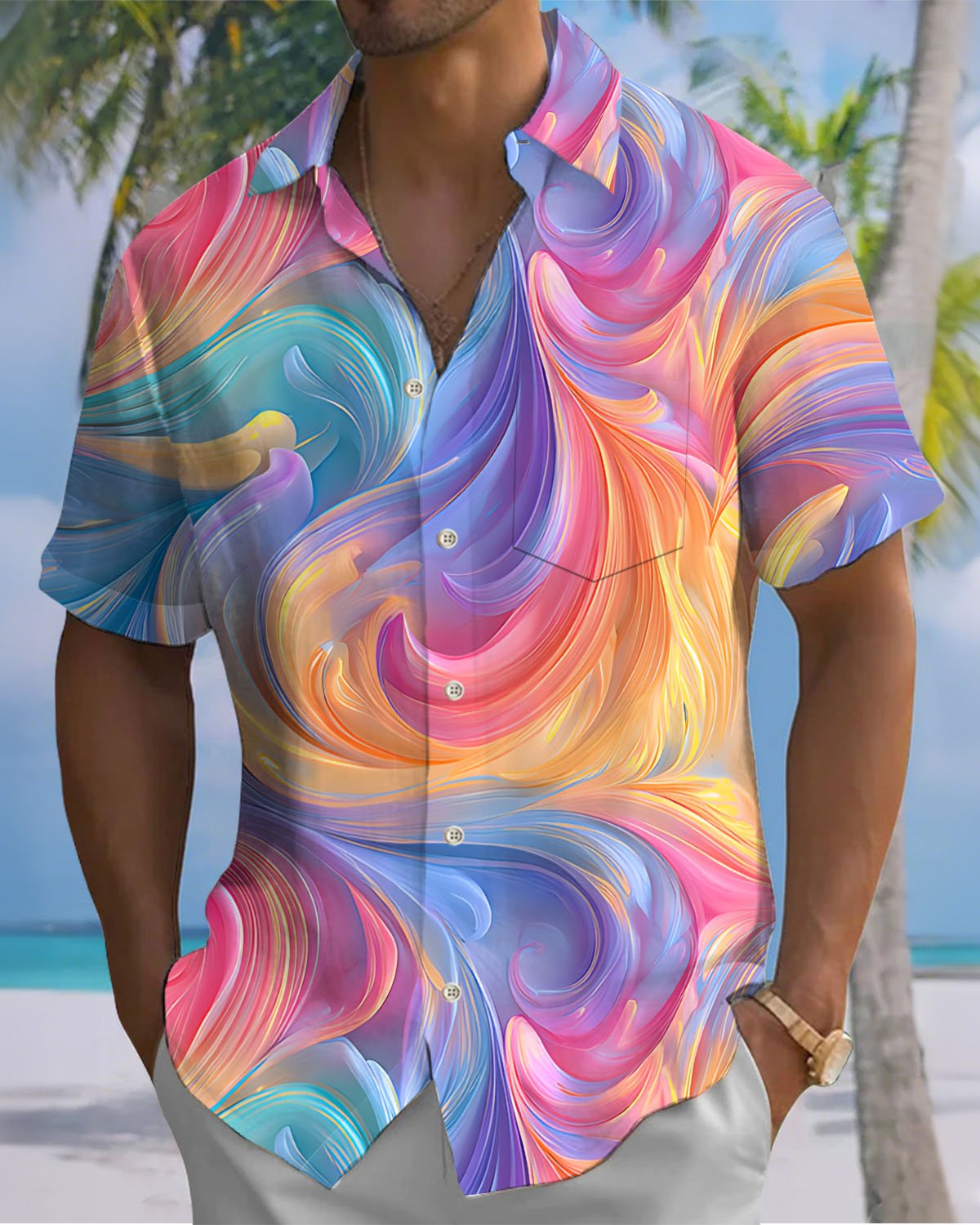 Alohadaddy® Casual Abstract Vibrant Fluid Print Art Button Cardigan Men's Short-Sleeve Shirt Big & Tall