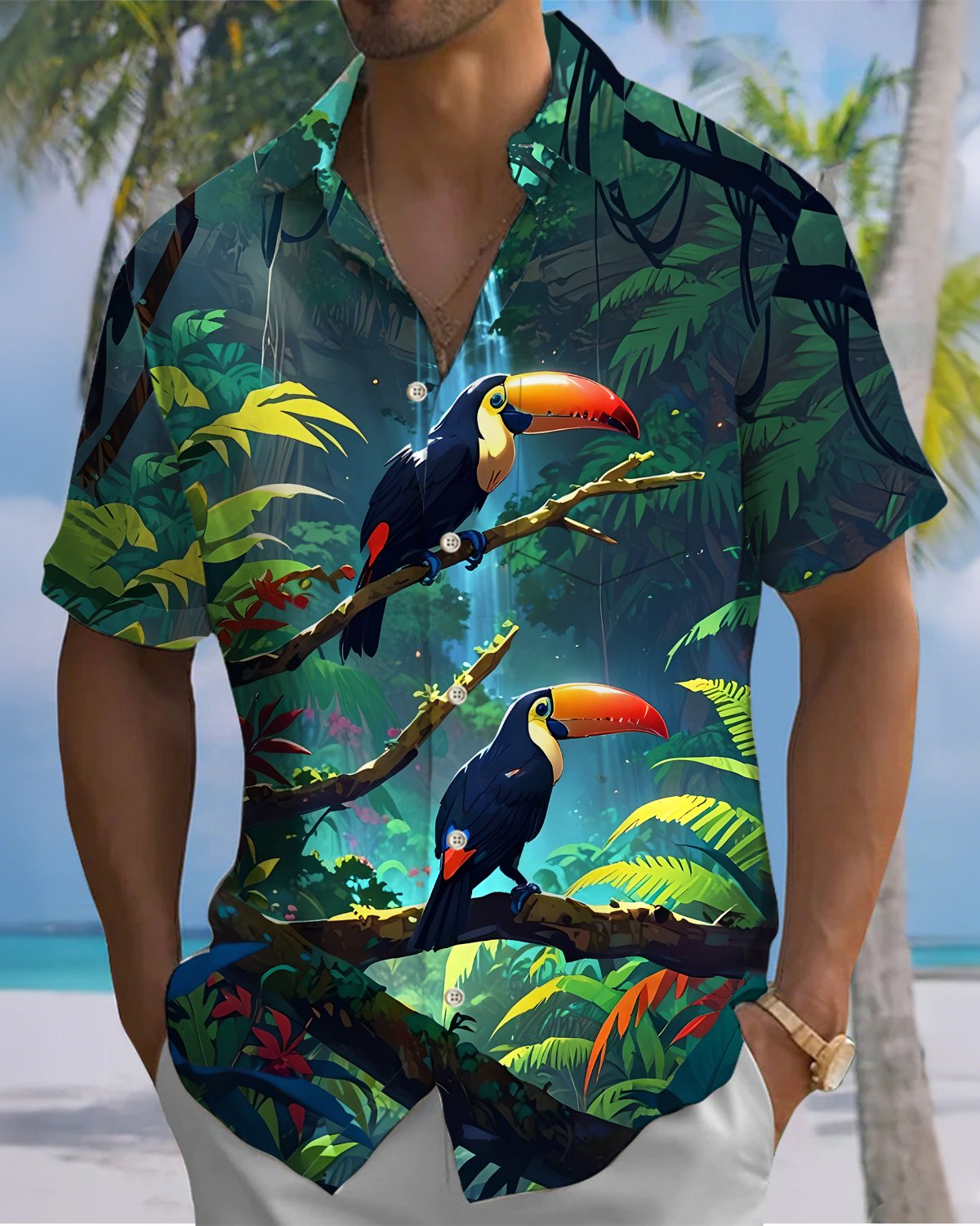 Alohadaddy® Hawaiian Parrot Print Art Button Pocket Cardigan Men's Short Sleeve Shirt Big & Tall