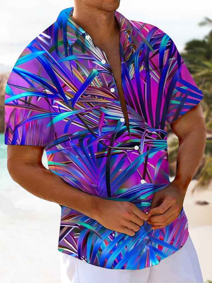Alohadaddy® Hawaiian Leaves Art Print Chest Pocket Moisture Wicking Men&