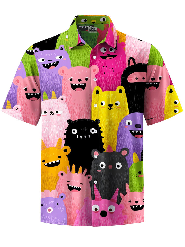 Alohadaddy® Casual Cartoon Cat Print Art Chest Pocket Men Short Sleeve Shirt Big &amp; Tall