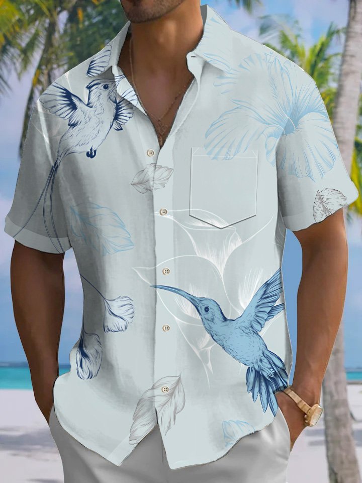 Alohadaddy® Casual Hummingbird Art Print Chest Pocket Mens Short Sleeve Shirt Big &amp; Tall
