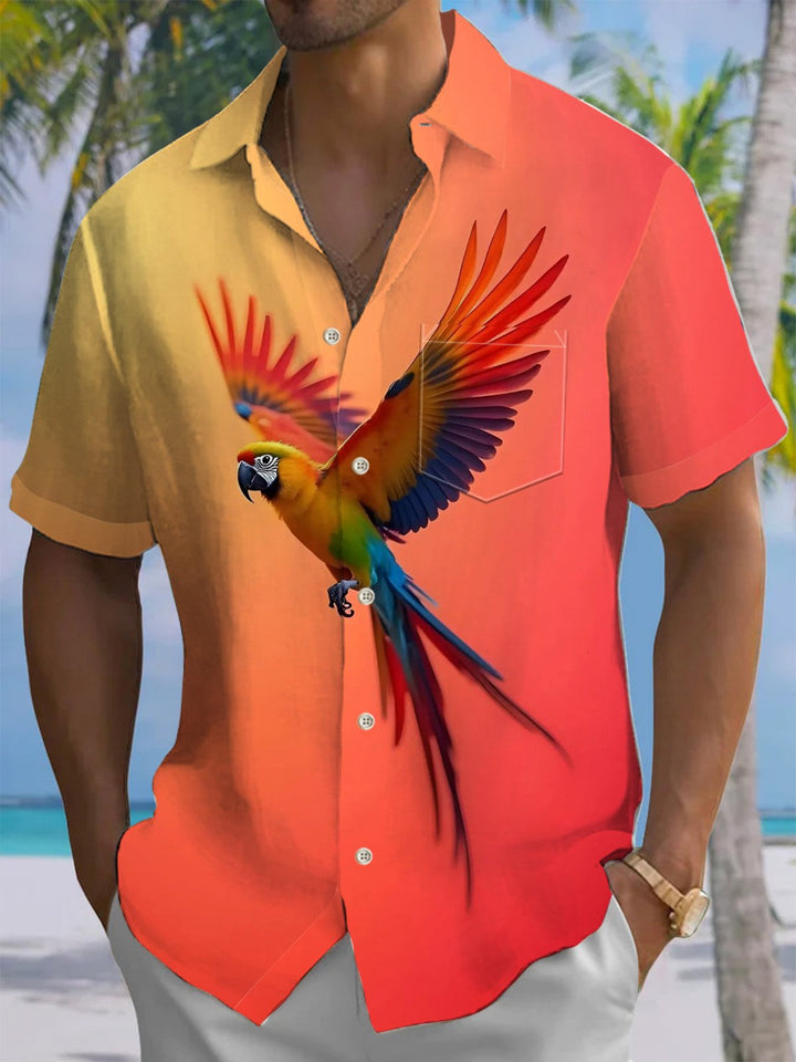 Alohadaddy® Hawaiian Parrot Art Print Chest Pocket Moisture Wicking Mens Short Sleeve Shirt Big &amp; Tall