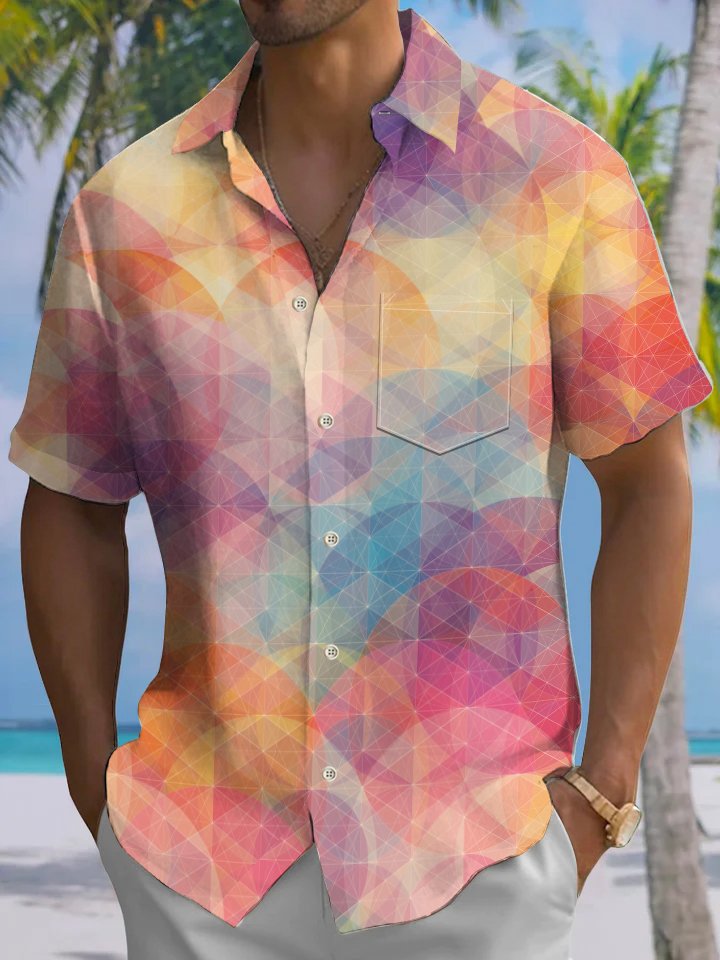 Alohadaddy® Casual Geometric Art Print Chest Pocket Men&