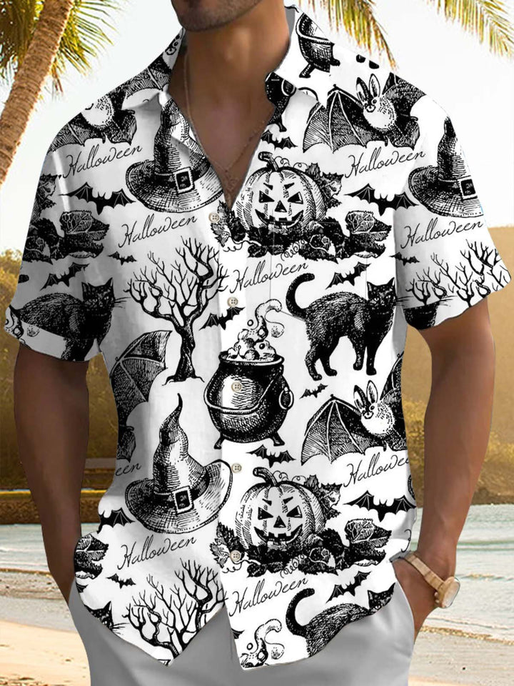Alohadaddy® Halloween Pumpkin Art Print Chest Pocket Stretch Men&