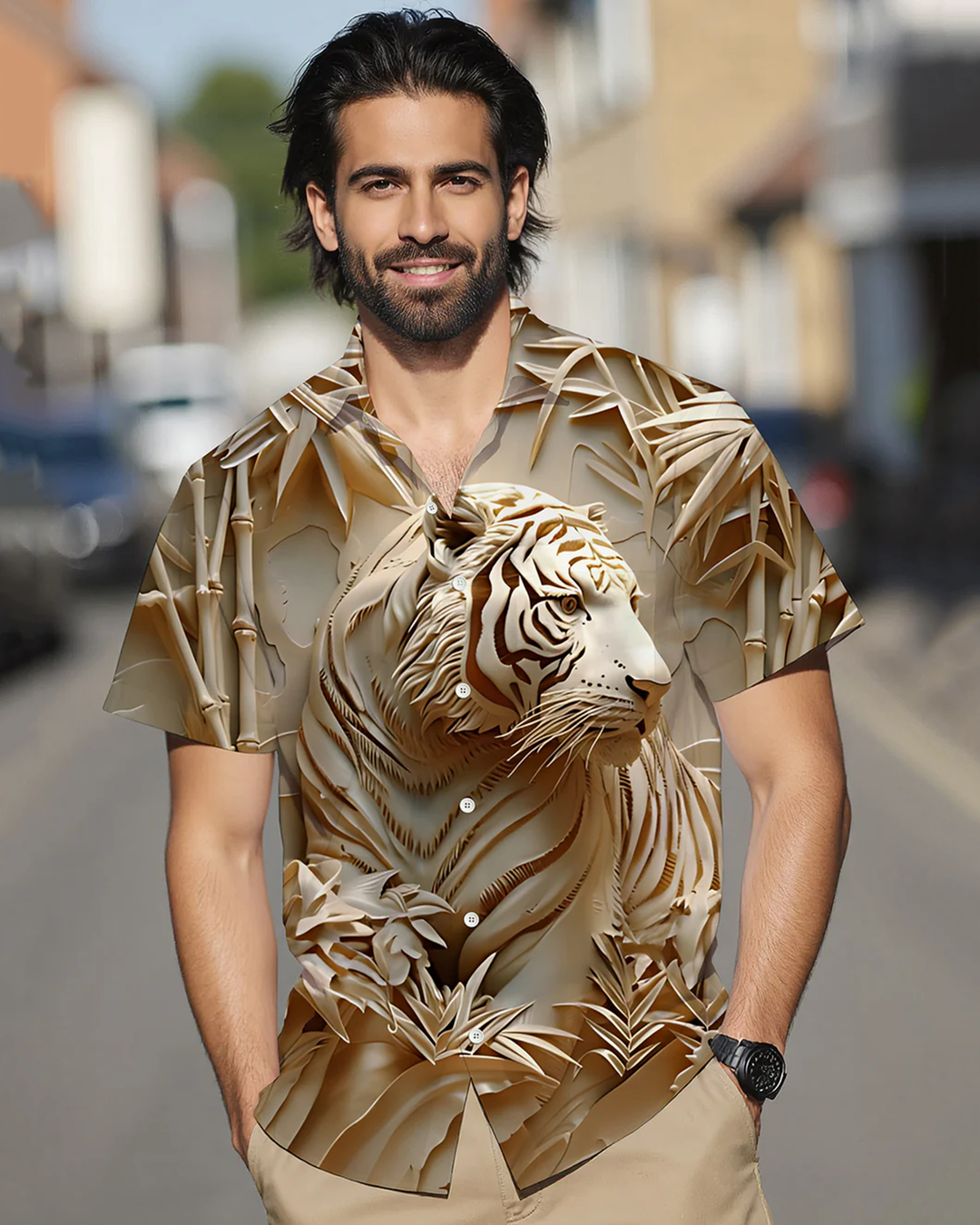 Alohadaddy® Casual Embossed Tiger Print Pocket Button Men&