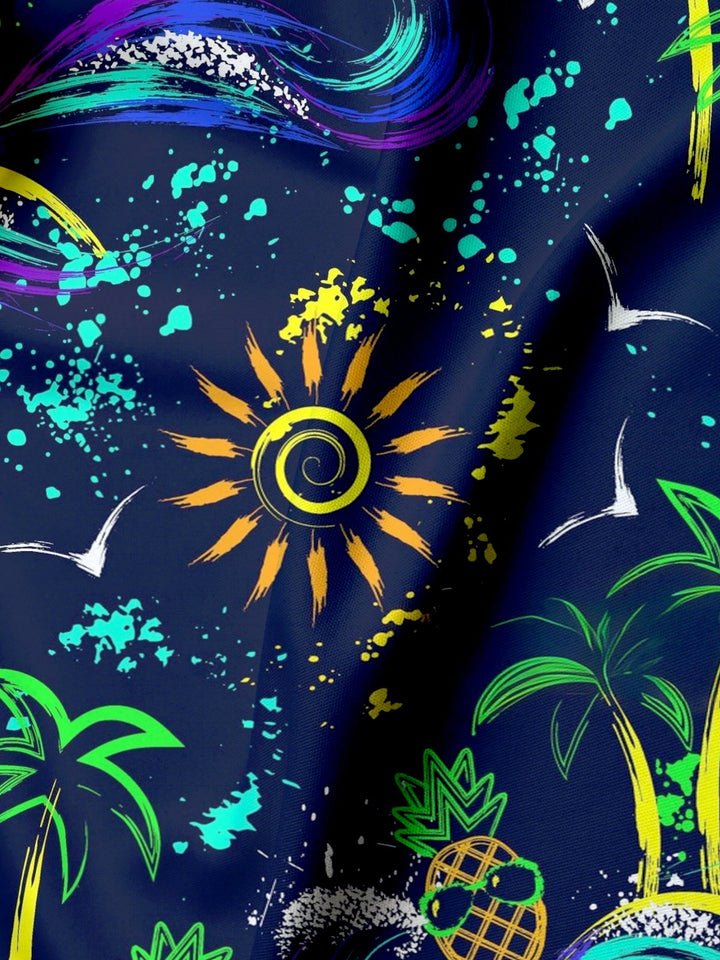 Alohadaddy Cotton Palm Tree Pineapple Art Print Moisture Wicking Chest Pocket Oversized Stretch Hawaiian Short Sleeve Shirt