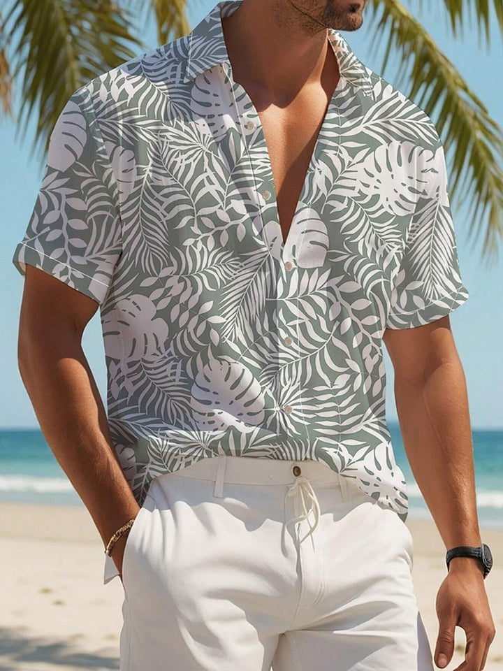 Alohadaddy® Vintage Palm Leaf Print Chest Pocket Elastic Moisture Wicking Large Size Hawaiian Shirt