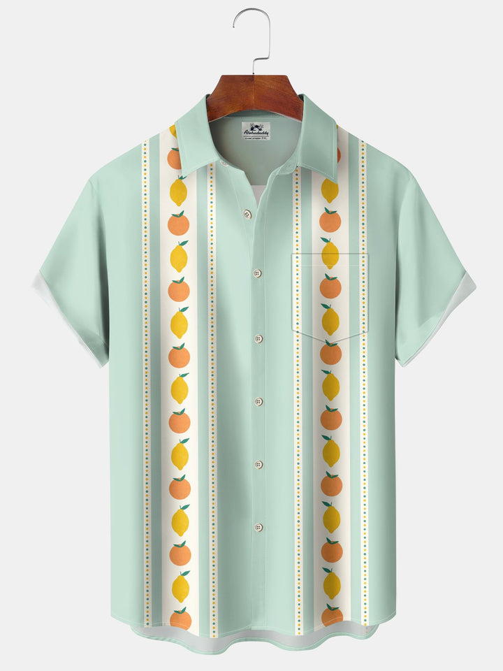 Alohadaddy® Fruit Stripe Art Print Chest Pocket Elasticity Hawaiian Short Sleeve Shirt Big &amp; Tall