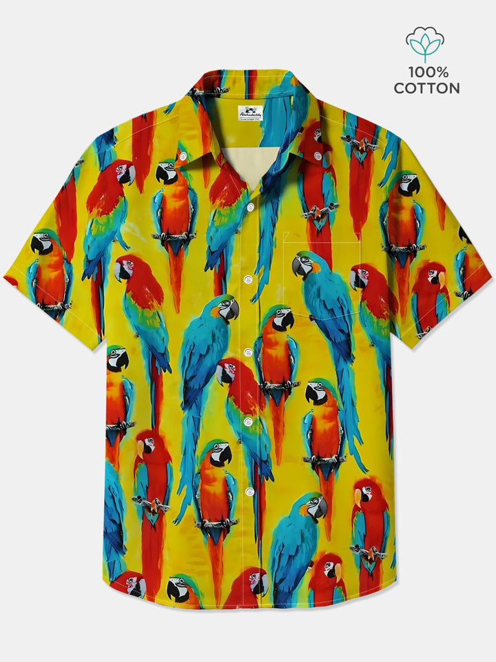 Alohadaddy® Vintage Parrot Art Print Chest Pocket Mens Cotton Short Sleeve Shirt Big &amp; Tall