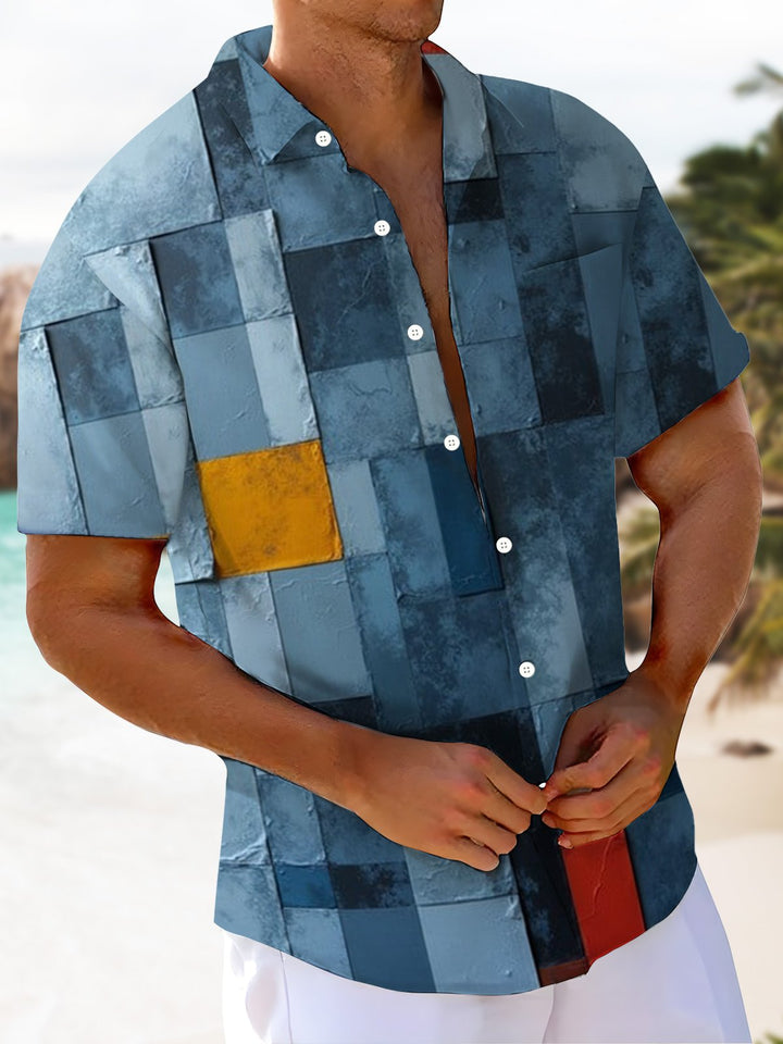 Alohadaddy® Casual Geometric Art Print Chest Pocket Men&