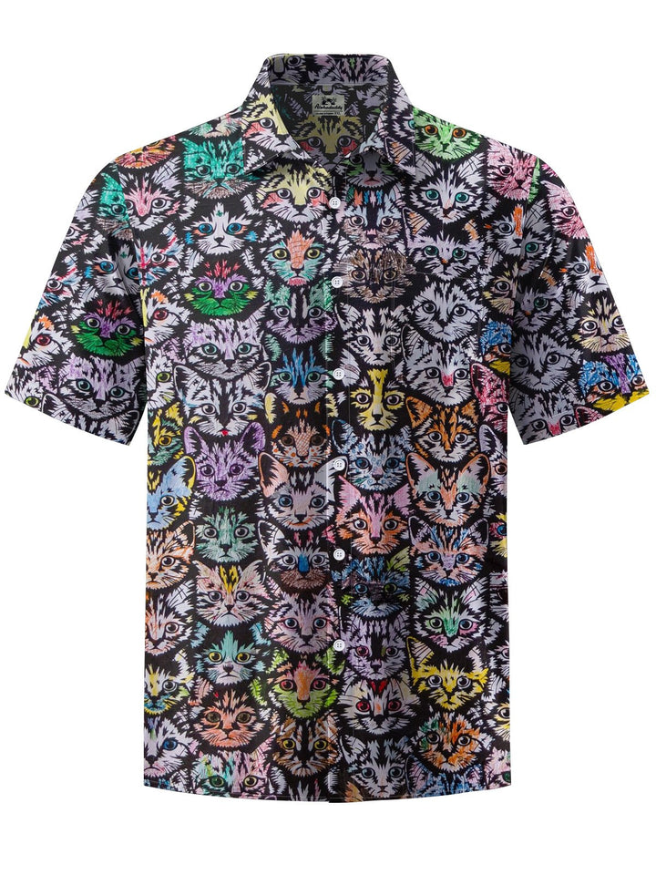 Alohadaddy® Vintage Cat Art Print Chest Pocket Mens Short Sleeve Shirt Big &amp; Tall