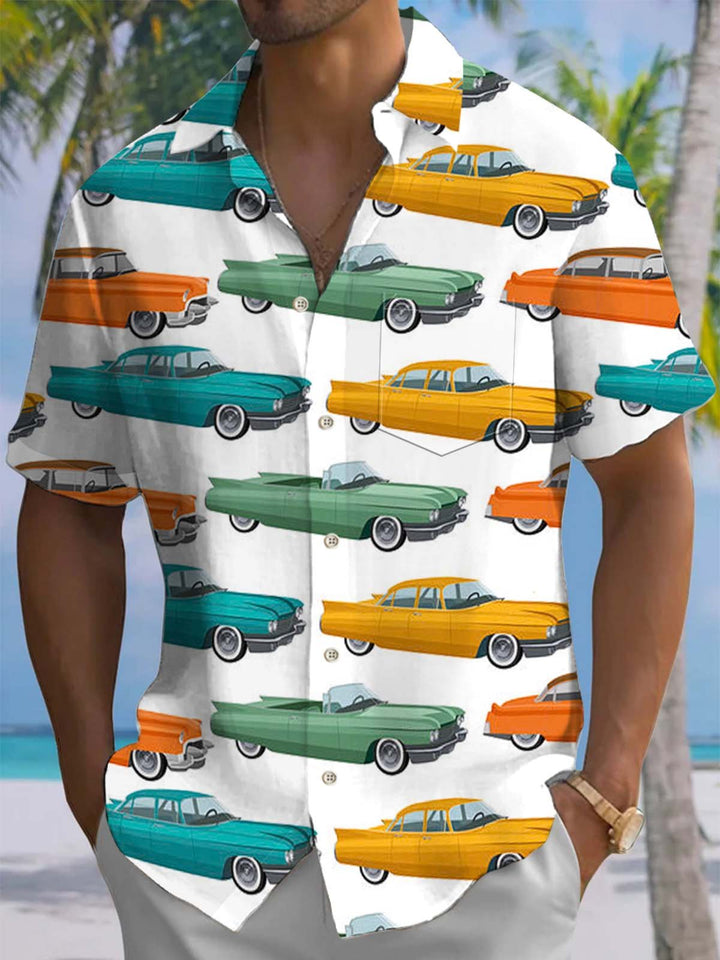 Alohadaddy® Casual Vintage Car Art Print Chest Pocket Men&