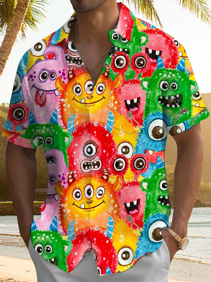 Alohadaddy® Casual Monster Art Print Chest Pocket Stretch Men&
