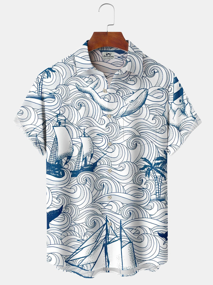 Alohadaddy® Vintage Ukiyo-e Sailboat Print Pocket Stretch Men&