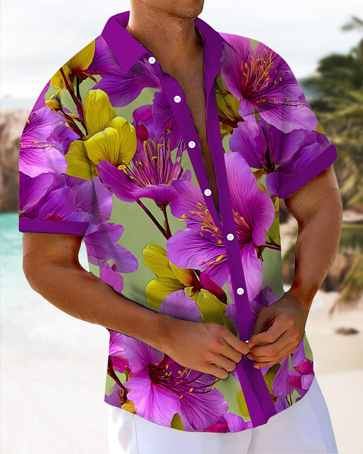 Alohadaddy® Vintage Floral Contrast Art Pocket Elastic Button Men's Short Sleeve Shirt Big & Tall