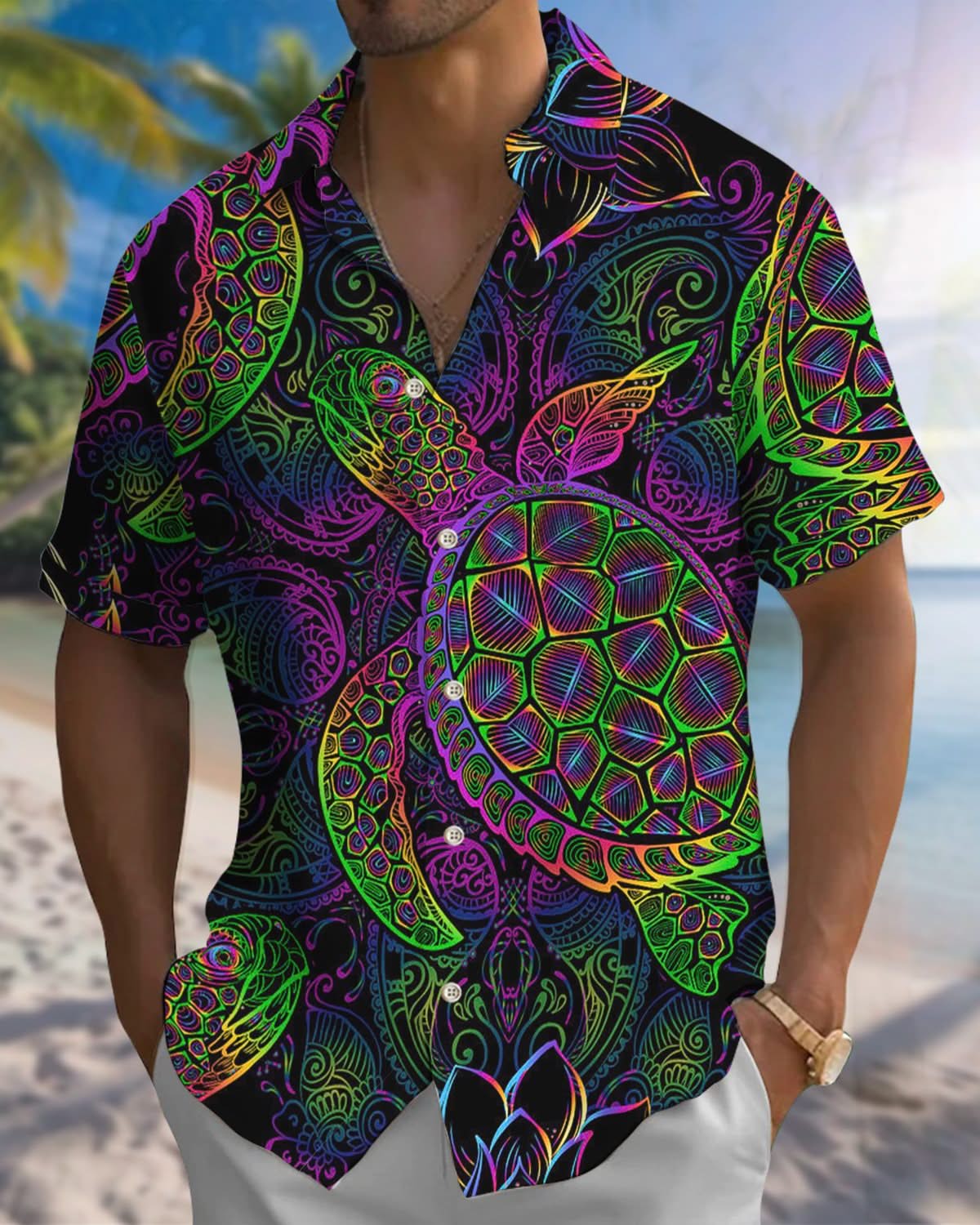 Alohadaddy® Vintage Turtle Print Art Pocket Button Stretch Men's Short Sleeve Shirt Big & Tall