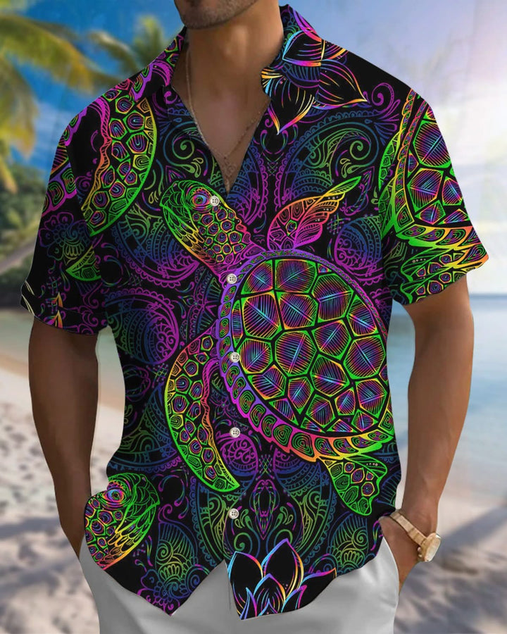Alohadaddy® Vintage Turtle Print Art Pocket Button Stretch Men&