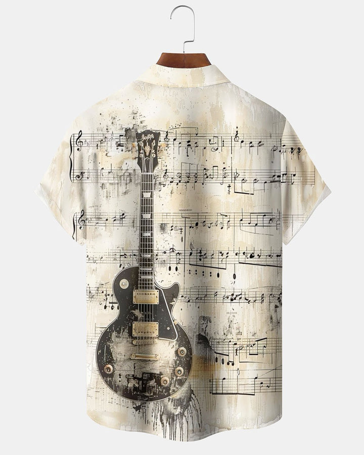 Alohadaddy® Casual Music Guitar Print Art Stretch Patch Pocket Button Men&