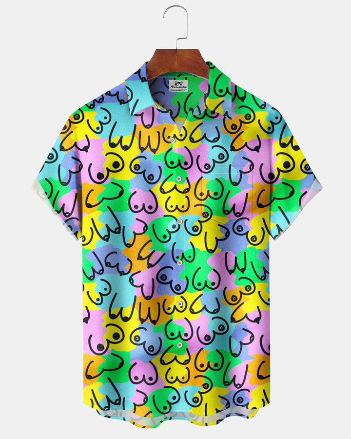 Alohadaddy® Hawaiian Cartoon Print Art Pocket Button Cardigan Men&