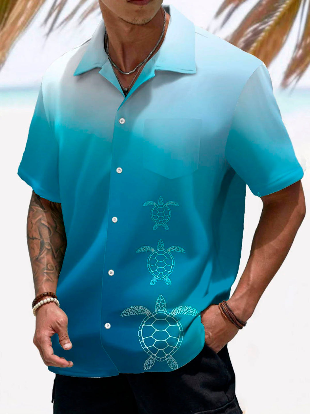 Camisa de manga corta con bolsillo abotonado y estampado digital 3D con degradado de tortuga marina hawaiana para hombre de Alohadaddy, talla grande y alta