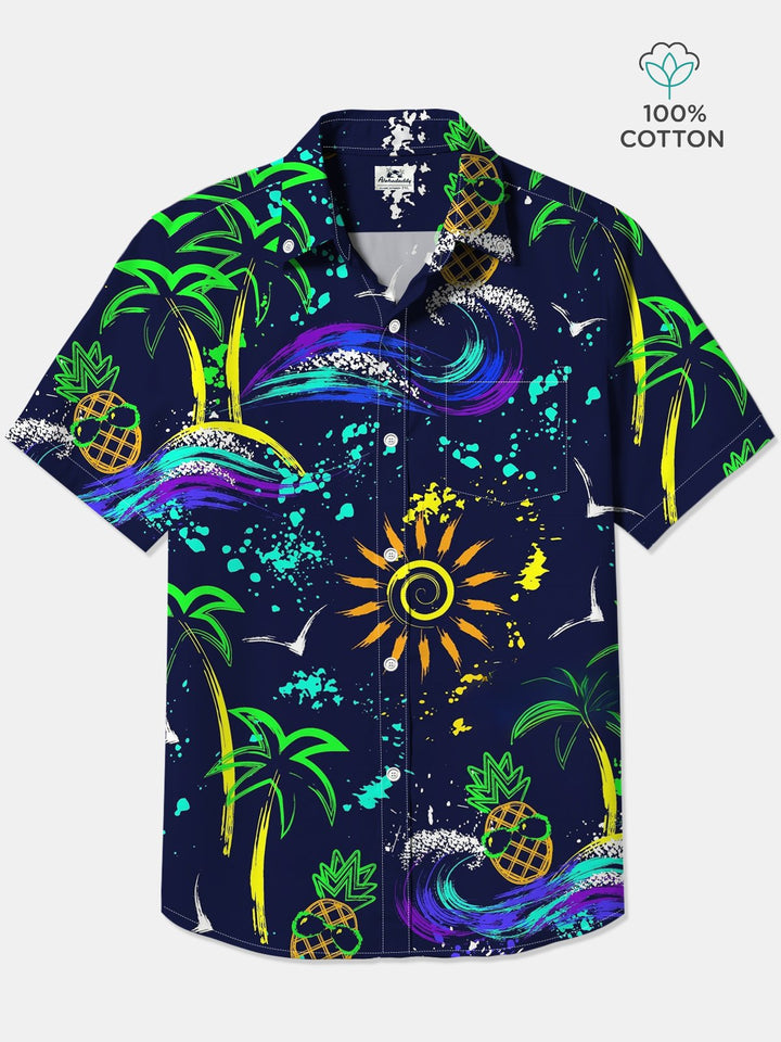 Alohadaddy Cotton Palm Tree Pineapple Art Print Moisture Wicking Chest Pocket Oversized Stretch Hawaiian Short Sleeve Shirt