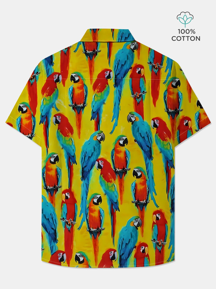 Alohadaddy® Vintage Parrot Art Print Chest Pocket Mens Cotton Short Sleeve Shirt Big &amp; Tall