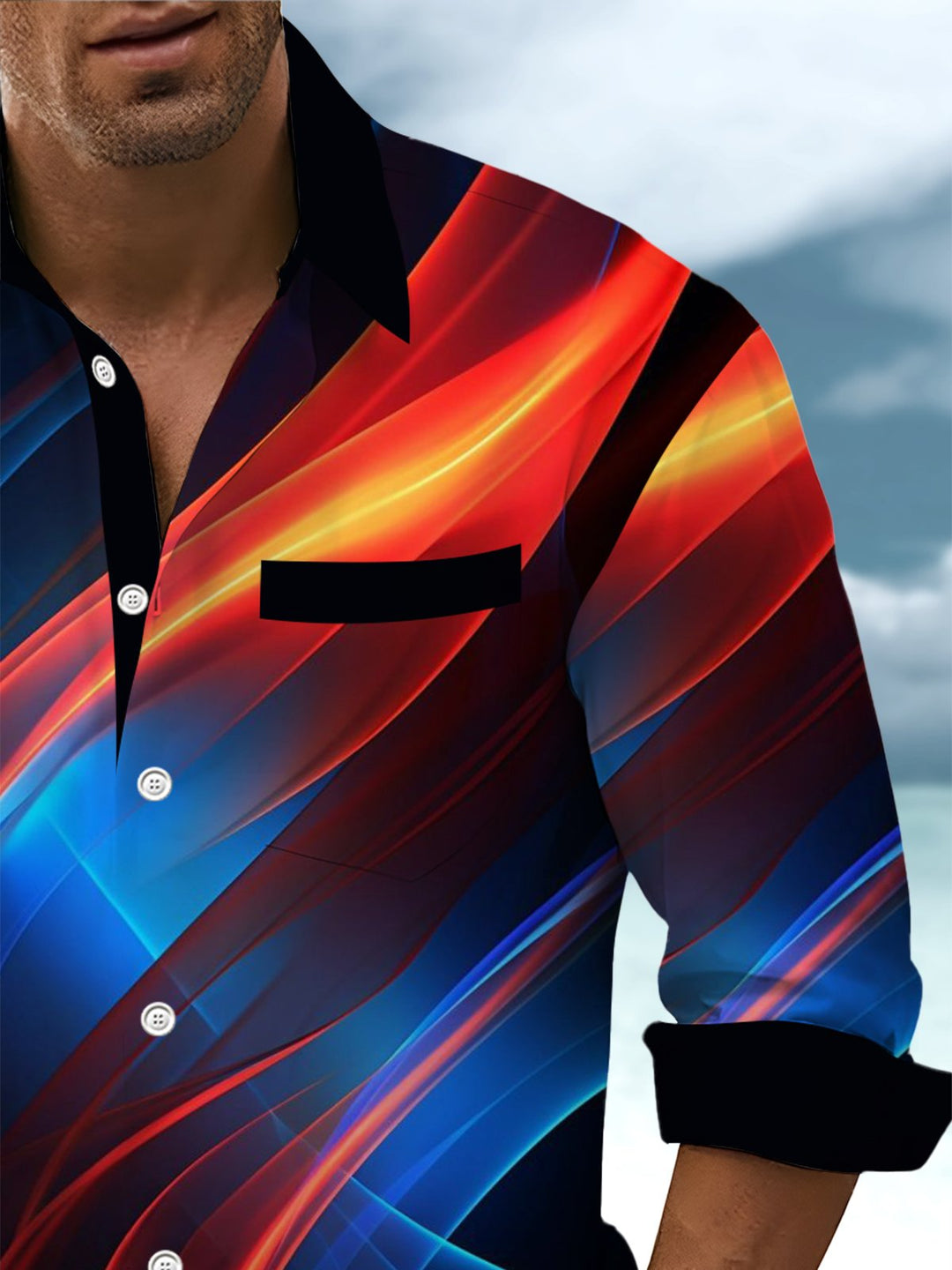 Alohadaddy® Casual Abstract Contrast Art Print Chest Pocket Mens Long Sleeve Shirt Big &amp; Tall