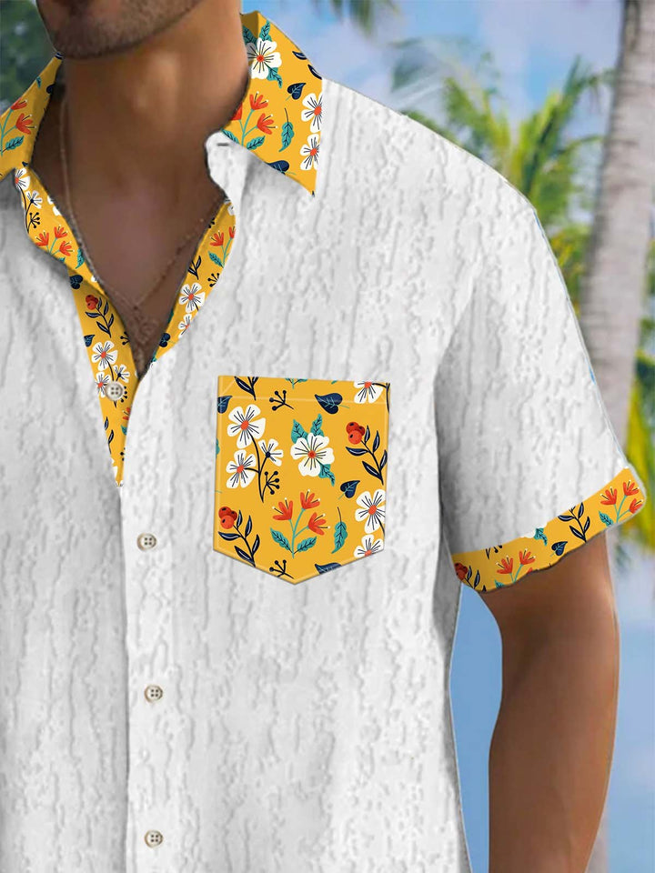Alohadaddy® Casual Textured Floral Contrast Color Print Art Chest Pocket Men&