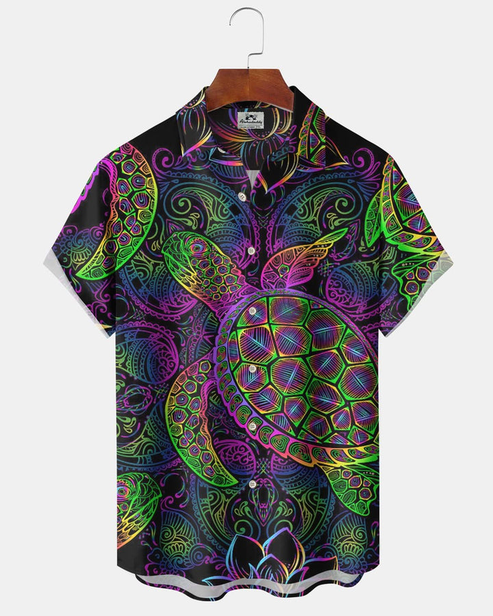 Alohadaddy® Vintage Turtle Print Art Pocket Button Stretch Men&