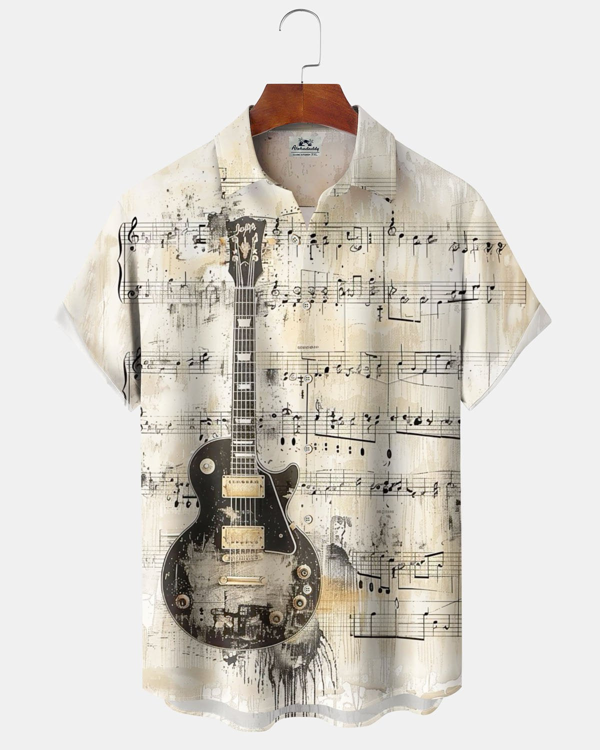 Alohadaddy® Casual Music Guitar Print Art Stretch Patch Pocket Button Men's Short Sleeve Shirt Big & Tall