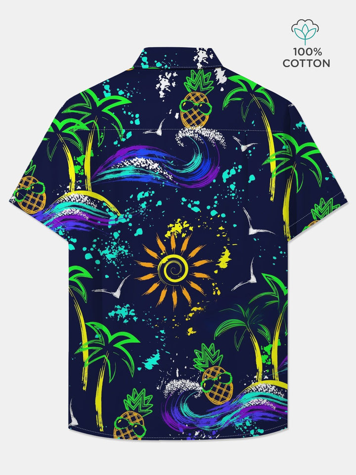 Alohadaddy Cotton Palm Tree Pineapple Art Print Moisture Wicking Chest Pocket Oversized Stretch Hawaiian Short Sleeve Shirt